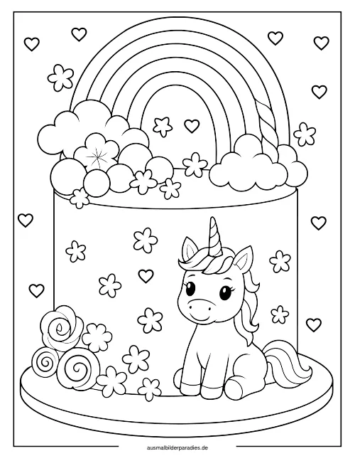 Einhorn Torte Ausmalbild 17 - kostenlos zum Ausdrucken
