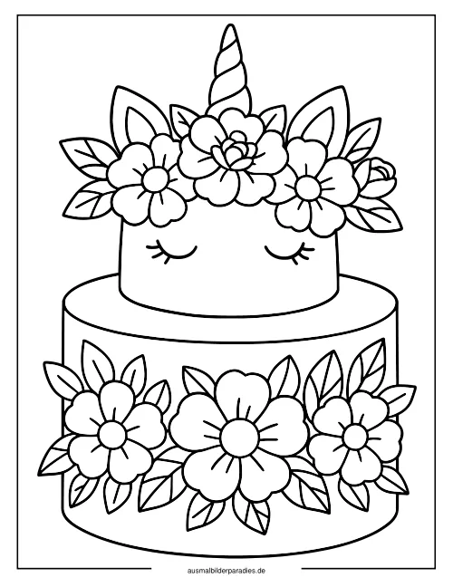 Einhorn Torte Ausmalbild 2 - kostenlos zum Ausdrucken