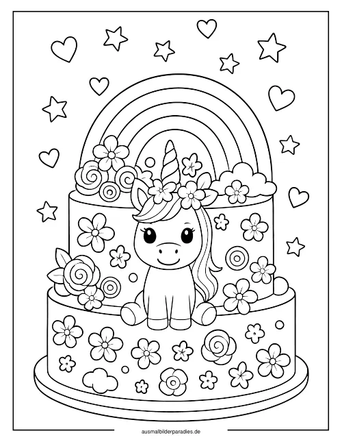 Einhorn Torte Ausmalbild 35 - kostenlos zum Ausdrucken