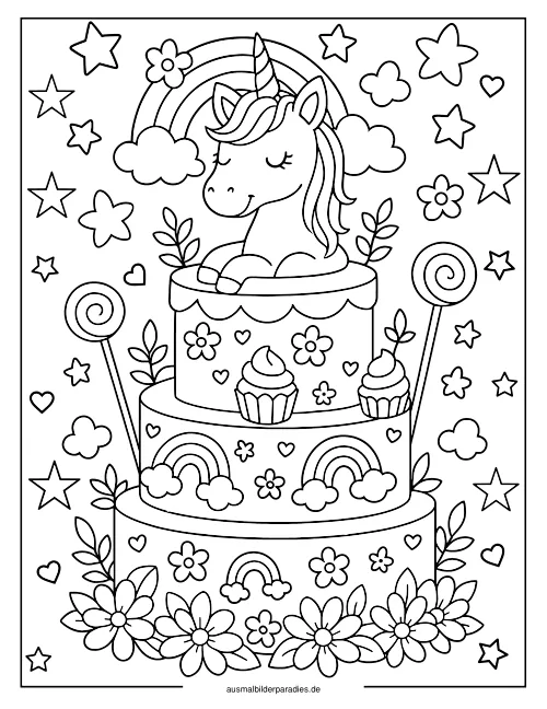 Einhorn Torte Ausmalbild 5 - kostenlos zum Ausdrucken