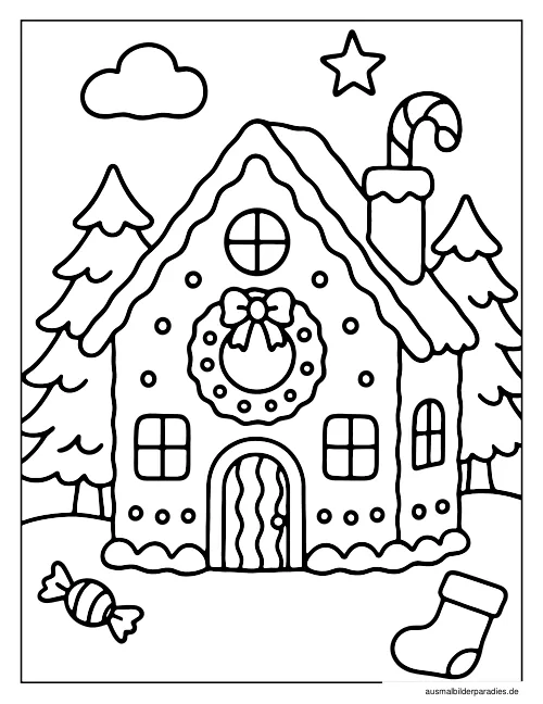 Lebkuchenhaus Ausmalbild 13 - kostenlos zum Ausdrucken