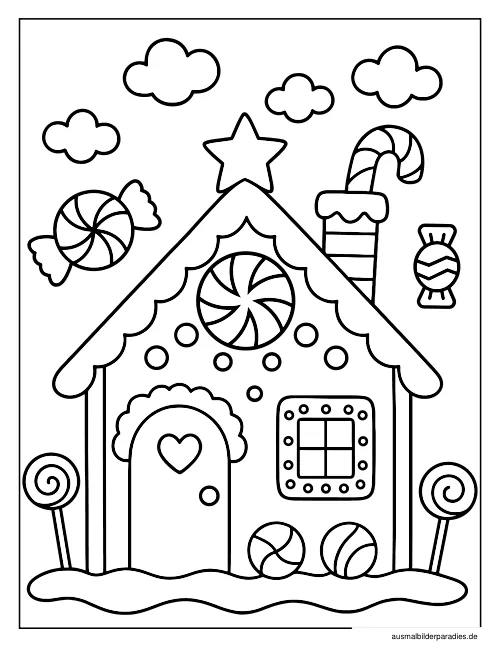 Lebkuchenhaus Ausmalbild 2 - kostenlos zum Ausdrucken